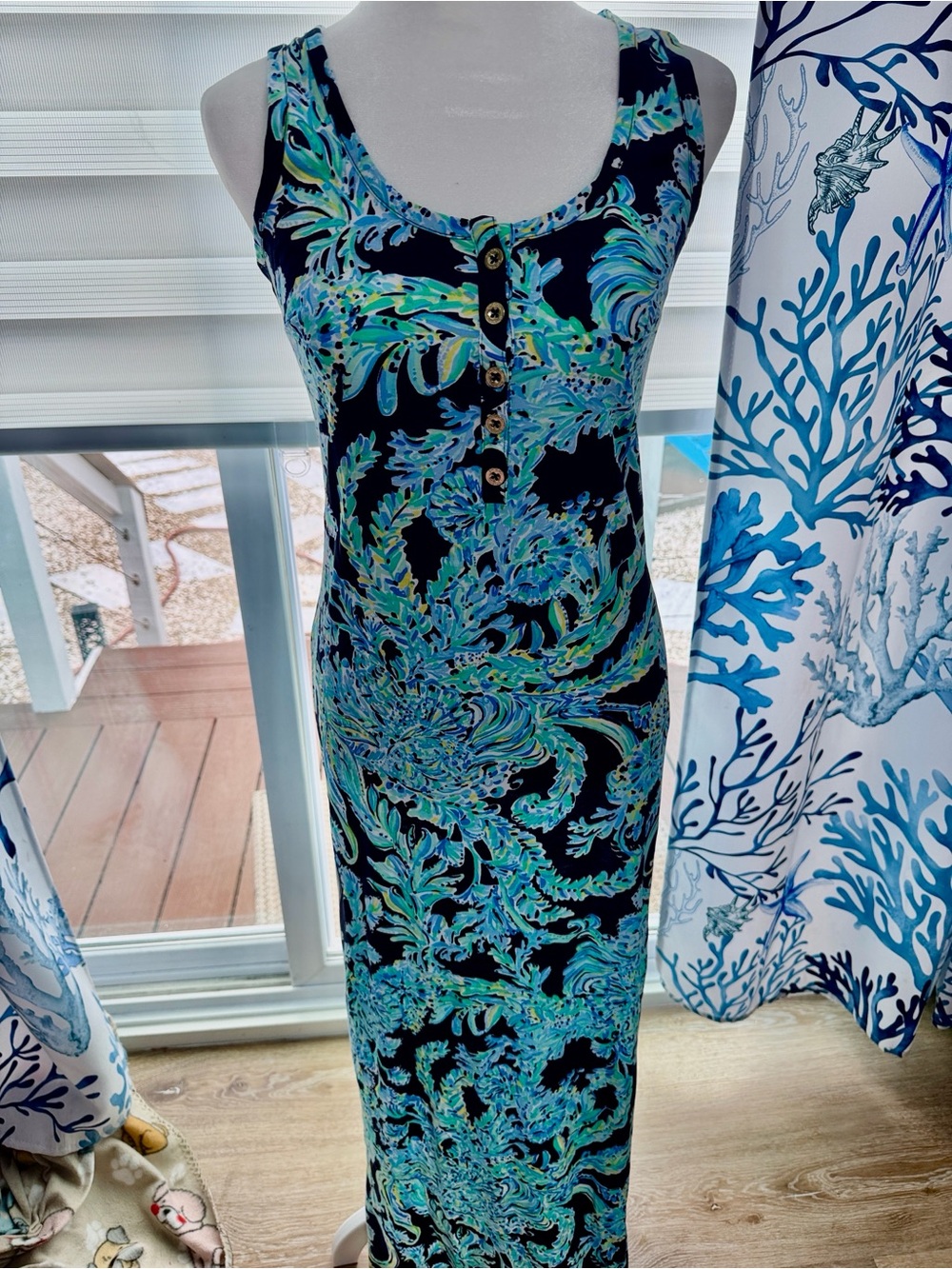 Lilly Pulitzer Sleeveless Navy & Teal Printed Maxi Dress